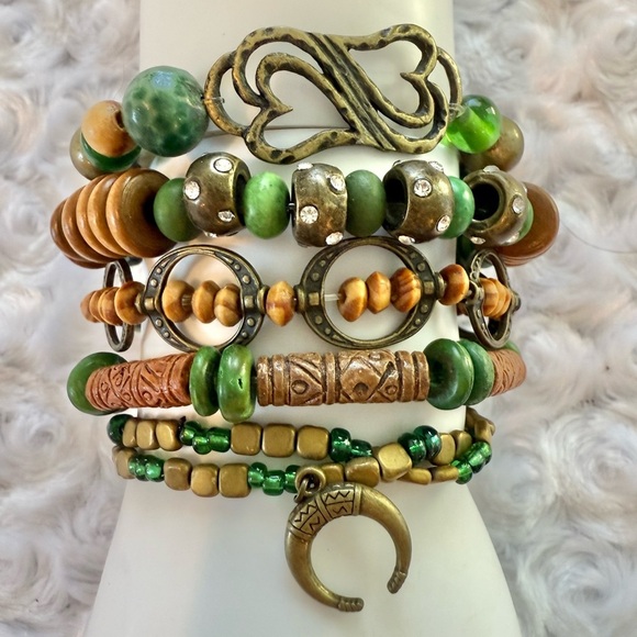 Bohemian Green and Brown Handmade Beaded Bracelet Set - Picture 2 of 3